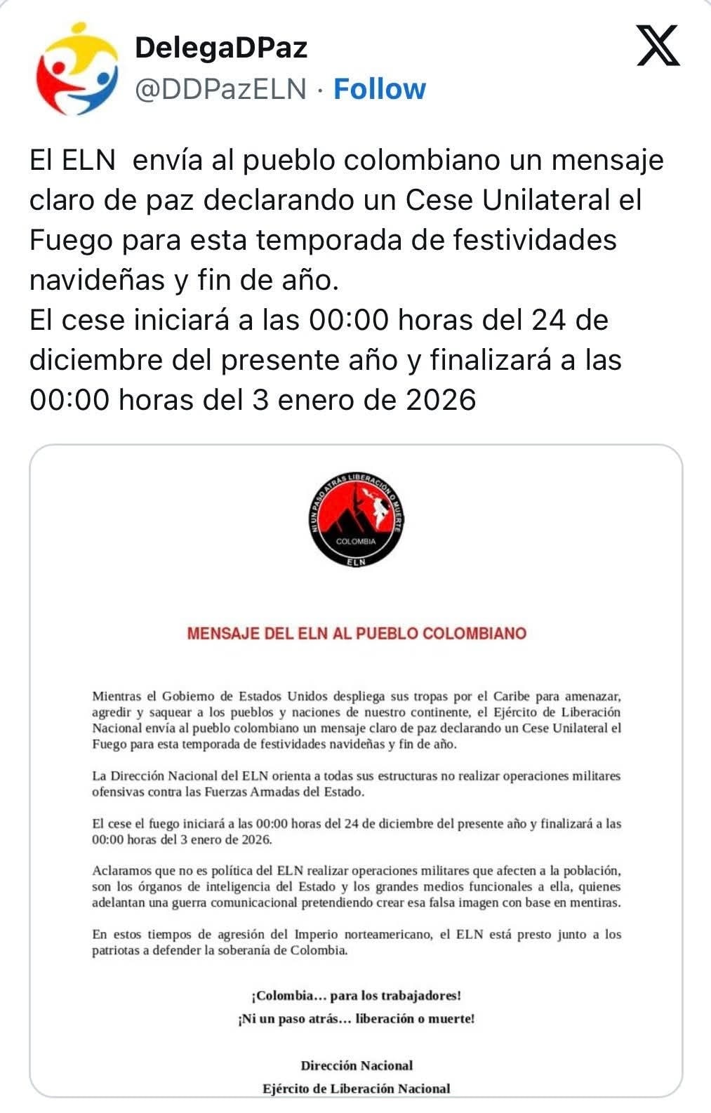 ELN anuncia alto al fuego unilateral durante las festividades de fin de año