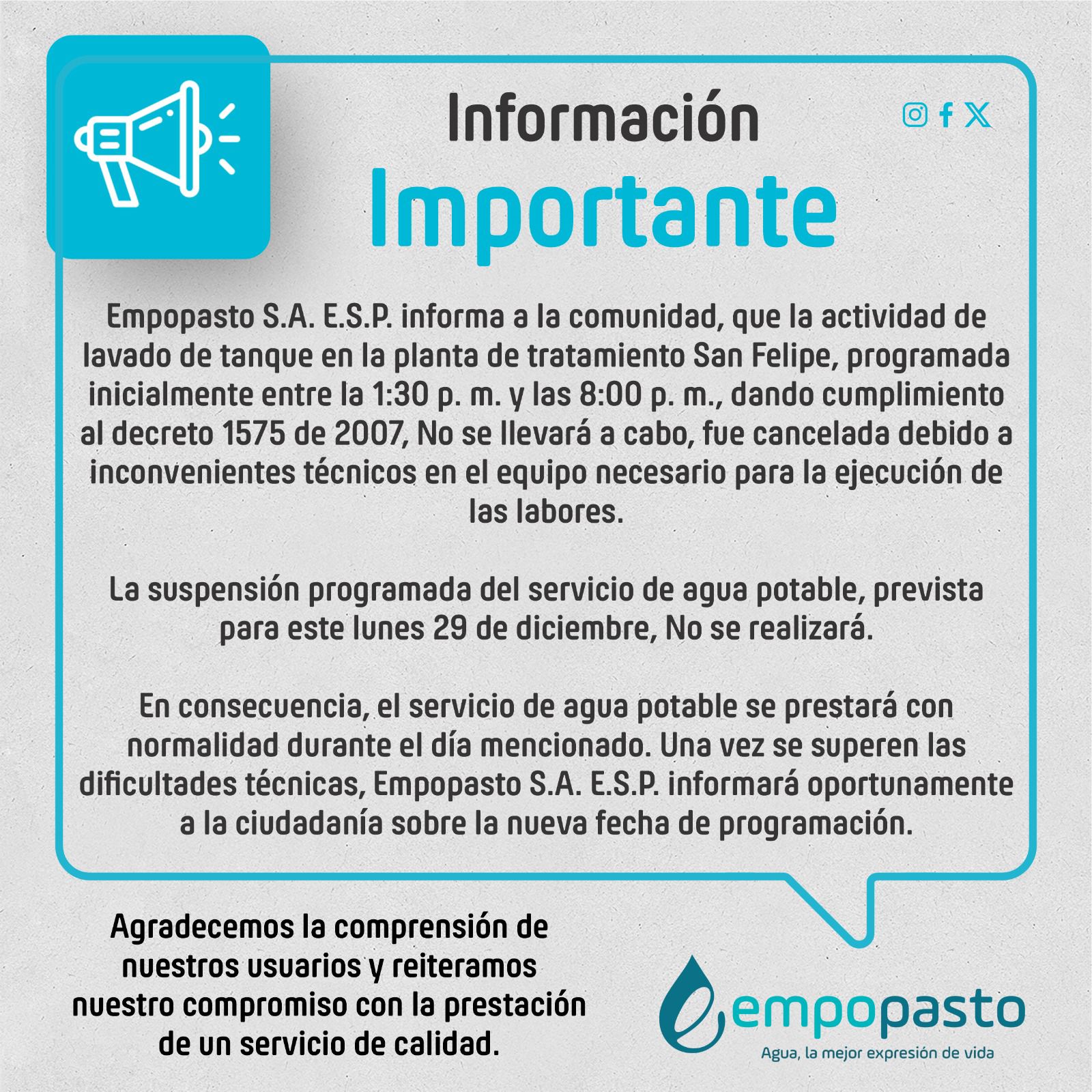 Empopasto cancela suspensión del servicio de agua potable programada para este lunes 29 de diciembre