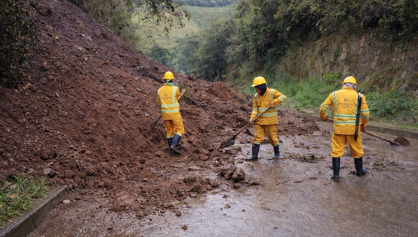 Las intensas lluvias registradas en los últimos días han provocado deslizamientos de tierra que afectan la movilidad en el sur del país, operarios trabajan para remover los escombros y garantizar la seguridad de los conductores.