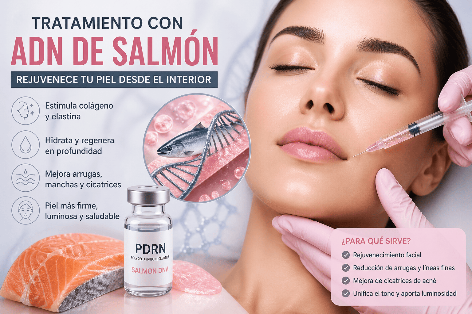 El tratamiento con ADN de salmón se posiciona como una de las tendencias más innovadoras en medicina estética. Aunque popularmente se le conoce como “esperma de salmón”, en realidad utiliza componentes purificados que estimulan la regeneración celular y mejoran visiblemente la calidad de la piel.