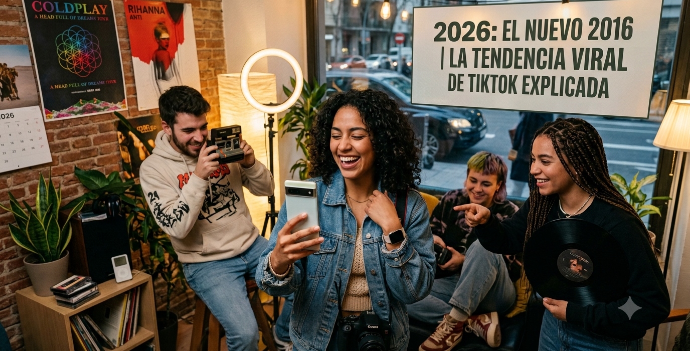 Jóvenes recreando la tendencia viral "2026 es el nuevo 2016" con fotografías de estilo vintage y filtros clásicos de redes sociales.